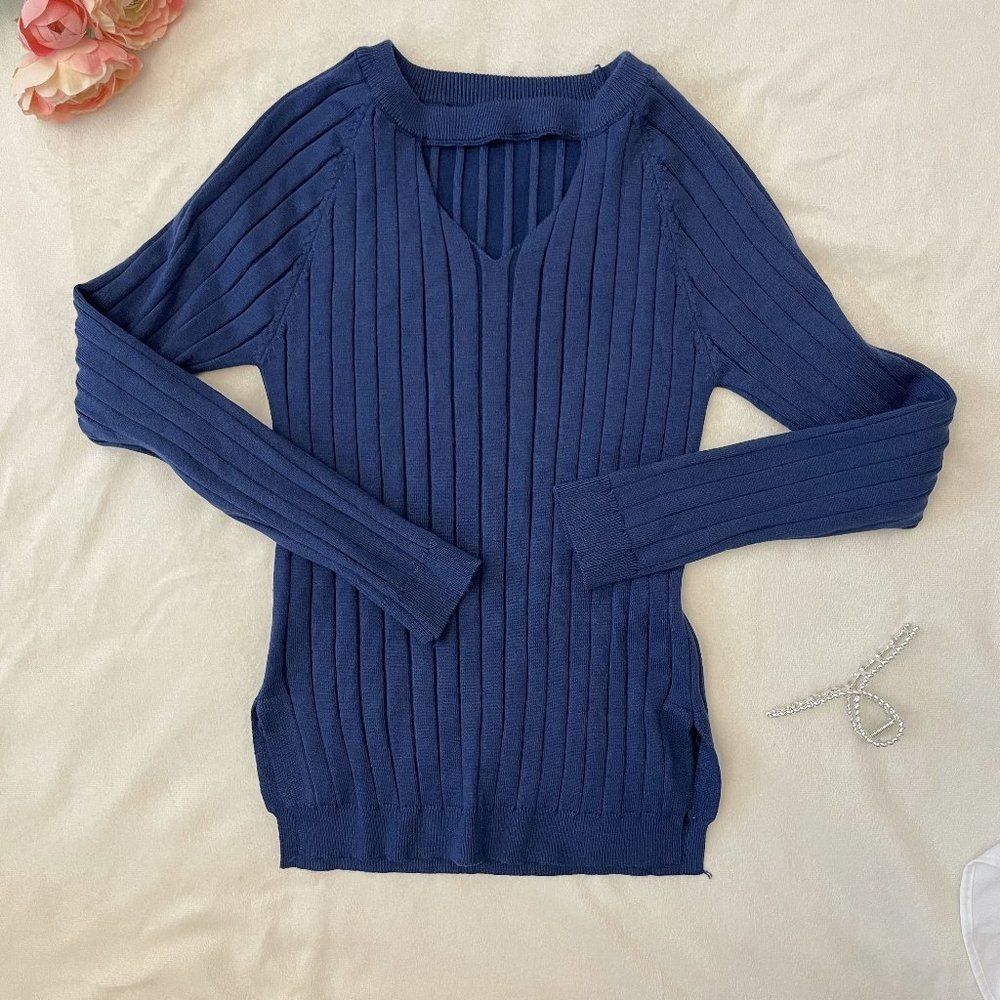 Royal Blue Ribbed Cutout V-Neck Sweater